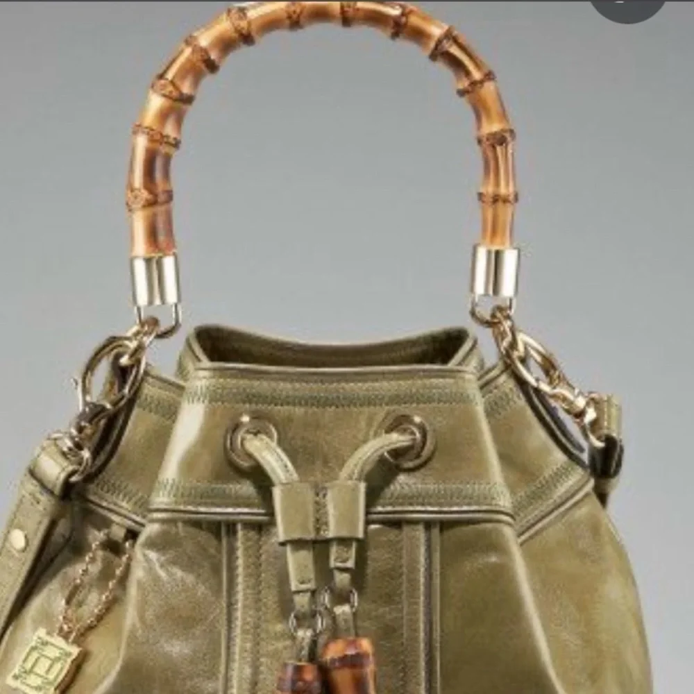 Gold Milly Bamboo Handle Drawstring Purse Handbag